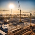 Large construction site including several cranes working on a building complex, with evening sunset, gold sunlight, construction Royalty Free Stock Photo