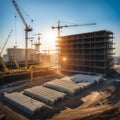 Large construction site including several cranes working on a building complex, with evening sunset, gold sunlight, construction Royalty Free Stock Photo