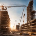 Large construction site including several cranes working on a building complex, with evening sunset, gold sunlight, construction Royalty Free Stock Photo