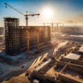 Large construction site including several cranes working on a building complex, with evening sunset, gold sunlight, construction Royalty Free Stock Photo