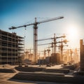 Large construction site including several cranes working on a building complex, with evening sunset, gold sunlight, construction Royalty Free Stock Photo