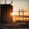 Large construction site including several cranes working on a building complex, with evening sunset, gold sunlight, construction Royalty Free Stock Photo