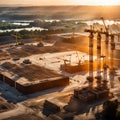 Large construction site including several cranes working on a building complex, with evening sunset, gold sunlight, construction Royalty Free Stock Photo