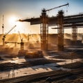 Large construction site including several cranes working on a building complex, with evening sunset, gold sunlight, construction Royalty Free Stock Photo