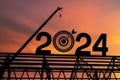 Large construction site, many construction cranes set vector numbers 2024. Construction team sets numbers for New Year 2024. Black Royalty Free Stock Photo