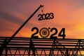 Large construction site, many construction cranes set vector numbers 2024. Construction team sets numbers for New Year 2024 Royalty Free Stock Photo