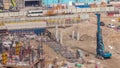 Large construction site with many working cranes timelapse. Royalty Free Stock Photo