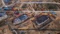 Large construction site. Construction of multi-storey buildings has begun. Tower cranes are standing. Aerial photography of Royalty Free Stock Photo