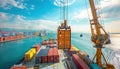 A large container ship is being loaded with containers in the middle of the ocean Royalty Free Stock Photo