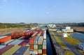 Large container ship in berthed in the Cocoli Locks, during her transit through Panama Canal.