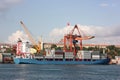 Large container ship in a dock at port - Side view