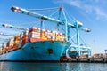 Large container ship docked to a container terminal on a sunny summer day