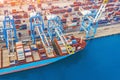 Large container ship in port. front view, unloading loading cargo. Aerial view Royalty Free Stock Photo