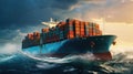 Large container ship sailing in a stormy ocean