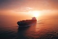 A large container ship sails through tranquil waters as the sun sets on the horizon, Royalty Free Stock Photo