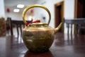 A large copper kettle used when adding water to copper pot shabu-shabu Royalty Free Stock Photo