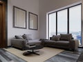 A large corner sofa by the living room window is contemporary style, gray fabric, a multifunctional modular sofa with a magazine Royalty Free Stock Photo