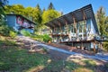 Large covered and furnished porch of luxury house with view of the lake Royalty Free Stock Photo