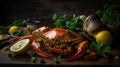 A large crab on a cutting board with lemons and parsley. AI generative image
