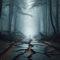 A large crack running along an asphalt road in a misty forest.