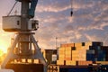 Large crane for unloading or loading in the port. A open-air warehouse for shipping containers in a seaport Royalty Free Stock Photo