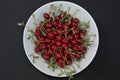 A large cream dish filled to the top with cherries and petioles, next to it there are green leaves, all on a black background of Royalty Free Stock Photo