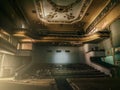 Large creepy dark old vintage hall of abandoned cinema or theatre house inside interior Royalty Free Stock Photo