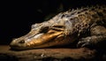 Large crocodile resting in dark swamp, dangerous animal in nature generated by AI