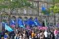 A large crowd with flags and banners at the leeds for europe anti brexit demonstration