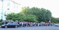 Large crowd gathers with rainbow flags in front of Corvallis Oregon courthouse for Orlando shooting victims