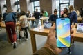 Large crowd inside Apple Computers store during the launch of latest Apple Watch