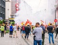 Large crowd of people, employees of SNCF public French train system from CGT