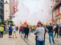 Large crowd of people, employees of SNCF public French train system from CGT