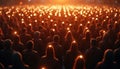 Large crowd of people stand together in darkness. Light sources on heads of people create warm glow. Looks like public event
