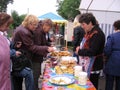 A large crowd of people women buy food at the fair from street vendors