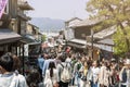 Large crowd scene at Matsubara Dori, popular shopping street on the way to famous Kiyomizu-dera temple in Kyoto, Japan