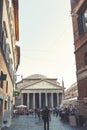 A large crowd of tourist visiting the Pantheon, ancient Roman temple and Catholic church at Piazza della Rotonda in Rome, Italy