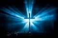 large crucifix and beams of light inside an church. generated by ai