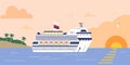 Large cruise liner or passenger ship at sea at sunset, flat vector illustration. Royalty Free Stock Photo