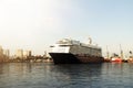 Large cruise ship against cityscape in harbor of Hamburg