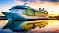 Large cruise ship docked at dock in harbor with sunset in the background. Generative AI Royalty Free Stock Photo