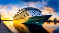Large cruise ship docked at dock in the water with sunset in the background. Generative AI Royalty Free Stock Photo