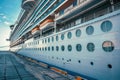 Large cruise ship docked in port close up