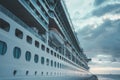 Large cruise ship docked in port close up