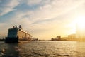 Large cruise ship on Elbe river during sunset Royalty Free Stock Photo