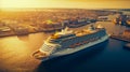 Large cruise ship in the port of the beautiful European city. Aerial view