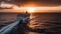 A large cruise ship sailing into a bright sunrise over the ocean created with Generative AI