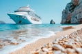 A large cruise ship is sailing in the ocean with a beautiful sunset in the background. The ship is surrounded by waves Royalty Free Stock Photo