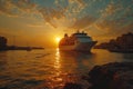 A large cruise ship is sailing in the ocean with a beautiful sunset in the background. The ship is surrounded by waves Royalty Free Stock Photo