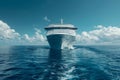 A large cruise ship is sailing in the ocean with a beautiful sunset in the background. The ship is surrounded by waves Royalty Free Stock Photo